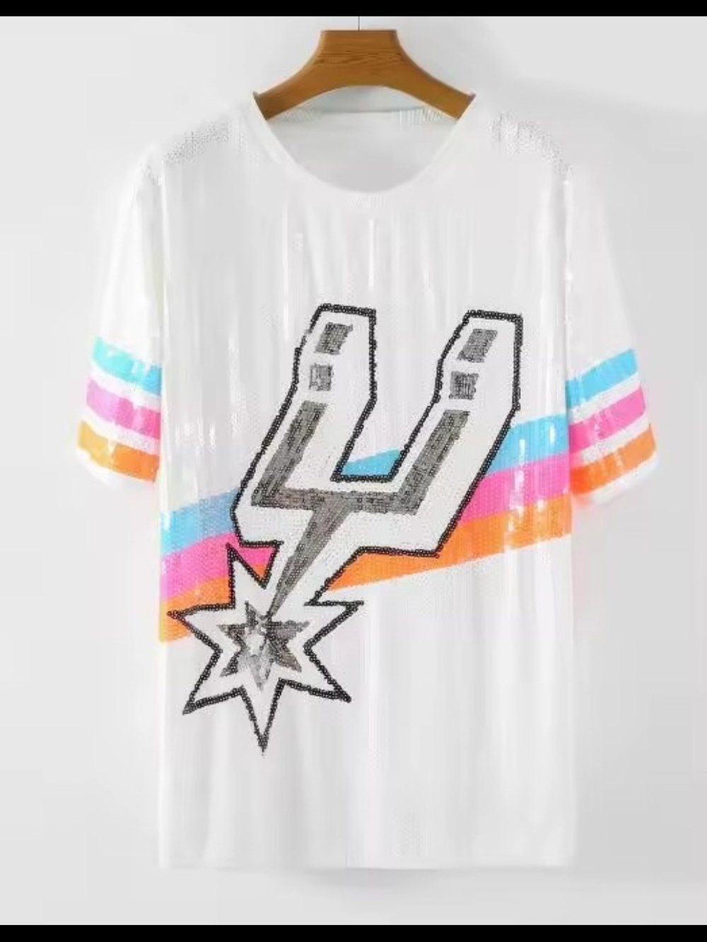 Womens White Short-Sleeve Sequined San Antonio Spurs Jersey with Spurs Logo